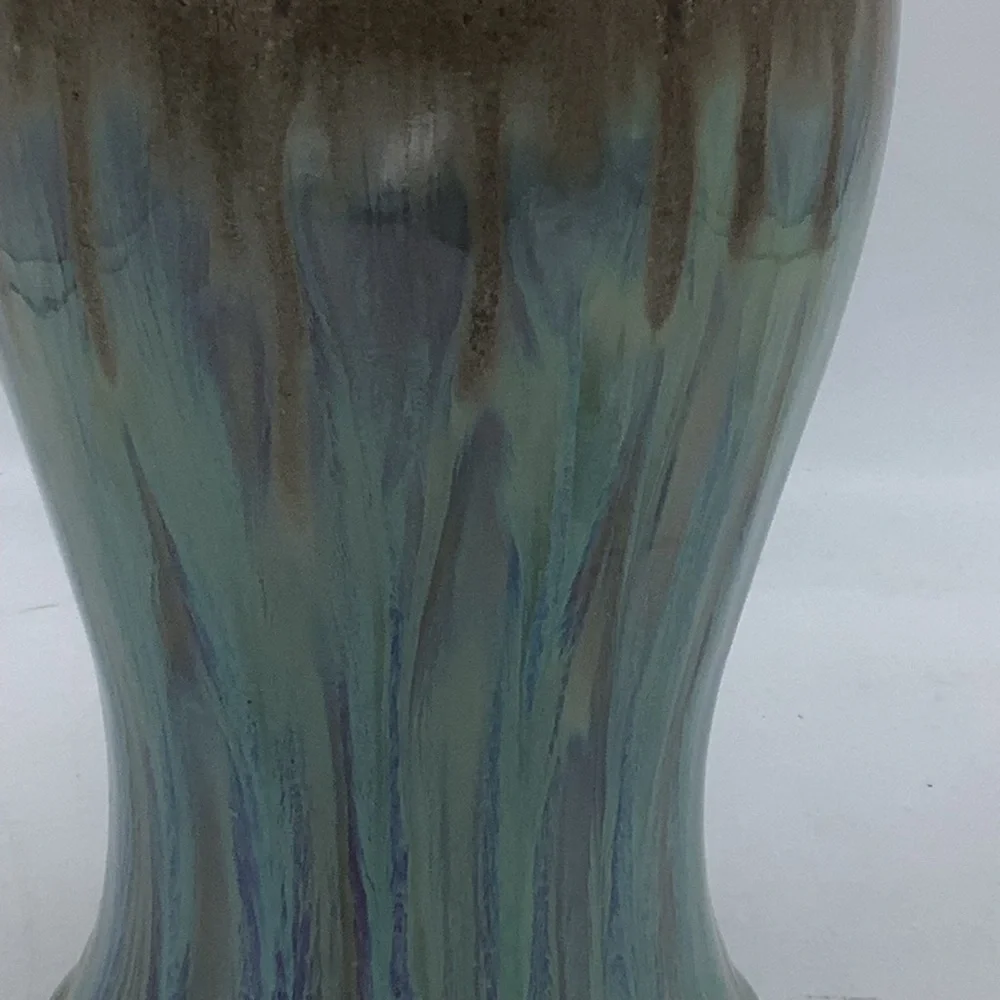 Brown Ceramic Vase with Turquoise Glaze and Round Handles